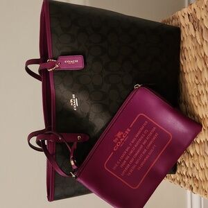 Coach Reversible City Tote - Brown Signature C or Purple W Matching Wristlet NWT
